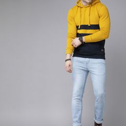 Roadster Men Mustard Yellow & Navy Blue Colourblocked Hooded Sweatshirt image 5