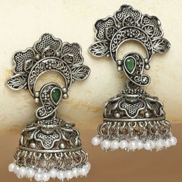 OOMPH Oxidised Green Floral Ethnic Jhumkas Earrings-image-97