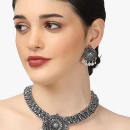 Adwitiya Collection Silver-Plated Oxidised With White Pearls Jewellery Set-31