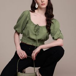 Nautica Tie-Up Neck Puff Sleeves Cinched Waist Seersucker Crop Top-image-62