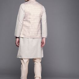 Manu Men Grey Regular Kurta with Churidar & Nehru Jacket image 3