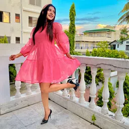 SASSAFRAS Fuchsia Tiered Puff Sleeves A-Line Dress-image-40