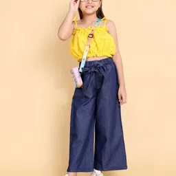 HERE&NOW Pure Cotton Schiffli Crop Top with Denim Palazzo-picture-30