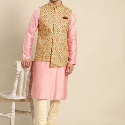 KISAH Men Solid Kurta with Churidar & Nehru Jacket image 3