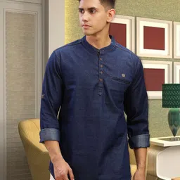 Kuons Avenue Band Collar Roll-Up Sleeves Denim Kurta-picture-38
