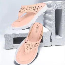 FAUSTO Women Peach Textured Laser Cut Open Toe Flats-14