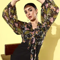 QUIERO Floral Printed Puff Sleeve Chiffon Bodycon Mini Dress-image-32