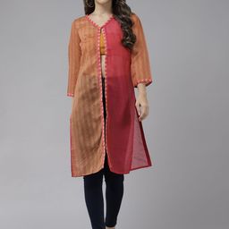 Aarika Women Yellow & Fuchsia Pink Colourblocked Longline Fusion Shrug-image-50
