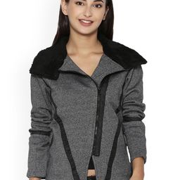 Campus Sutra Women Charcoal Grey Self Design Quilted Jacket-image-4