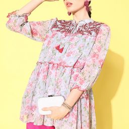 Nayam By Lakshita Floral Print Tie-Up Neck Puff Sleeves Georgette Longline Top-image-97