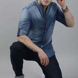 Roadster Men Blue Solid Regular Fit Acid Wash Pure Cotton Casual Denim Shirt-image-45