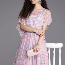 Inddus Pink & White Striped Chiffon Ethnic Kaftan Midi Dress-image-27