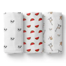 Moms Home Pack of 3 White Printed Organic Cotton Baby Muslin Swaddle-44