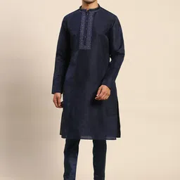 KISAH Men Navy Blue Embroidered Kurta with Trousers-image-29