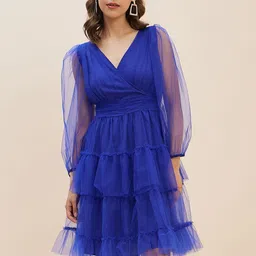 Antheaa Blue Puff Sleeve Net Fit & Flare Dress-35
