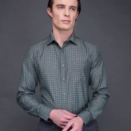 Daniel Hechter Green Cotton Blend Regular Fit Checks Formal Shirt-image-74