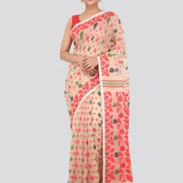 Pinkloom Beige Jamdani Cotton Printed Saree With Blouse-image-38