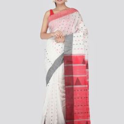 Pinkloom White Khadi Cotton Embroidered Saree With Blouse-image-37