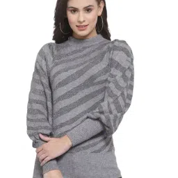 Mafadeny Grey Self Design Mock Collar Sweater-image-74