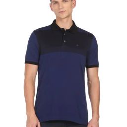 Arrow Navy Cotton Regular Fit Colour Block Polo T-Shirt-image-54