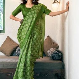Satrani Green Printed Saree With Unstitched Blouse-image-53