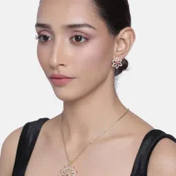 Estele Gold-Plated Swirling Pink CZ Pendant & Earring Set for Women-64