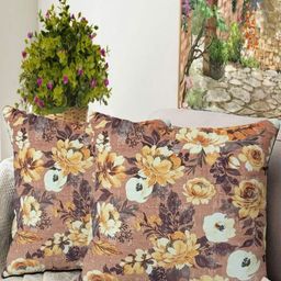 Blue Grass Peach & White 2 Pieces Floral Printed Velvet Square Cushion Covers-image-99