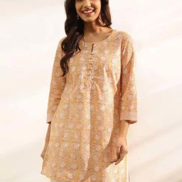 Fabindia Yellow Cotton Slim Fit Printed Kurti-image-84
