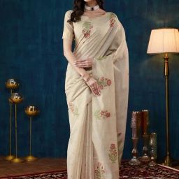 Satrani Beige Chanderi Woven Saree With Unstitched Blouse-image-9
