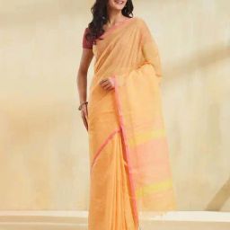 Fabindia Yellow-Pink Regular Fit Woven Design Saree-picture-10