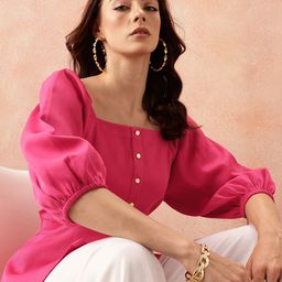 all about you Square Neck Puff Sleeves Button-Down A-Line Top-13