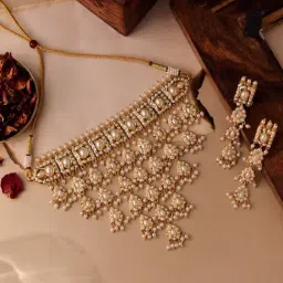 Curio Cottage Meira Cascading Pearls Jadau Choker & Earrings set-image-13