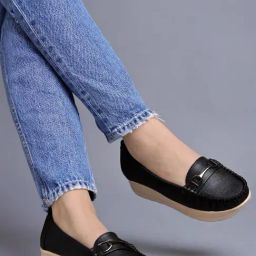 Shoetopia Women's Black Wedge Loafers-picture-41