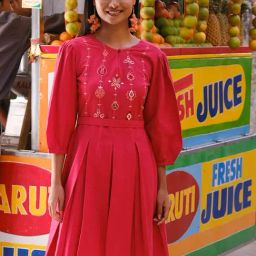 Okhai Red & Pink A-Line Fit Casual Dress-7