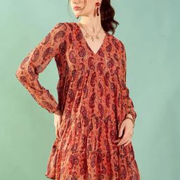 KASSUALLY Orange Printed A Line Dress-image-17