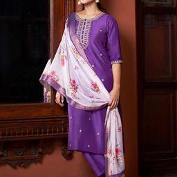 Colors of Earth Women Ethnic Motifs Embroidered Regular Kurta with Trousers & With Dupatta-picture-36