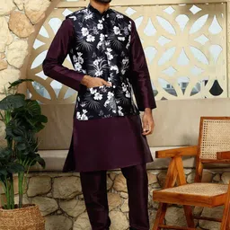 KRAFT INDIA Mandarin Collar Straight Kurta with Churidar & Floral Nehru Jacket-picture-30