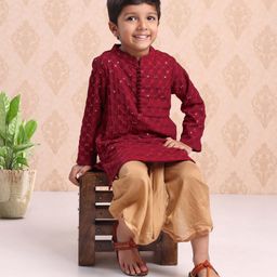 Babyhug Full Sleeves Woven Embroidered Kurta & Dhoti Set - Maroon-image-31