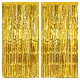Bubble Trouble Metallic Foil Solid Fringe Curtains Pack of 2 - Golden-44