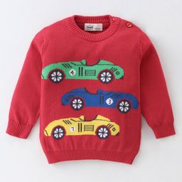 Simply Cotton Knit Full Sleeves Sweater with Car Design - Red-picture-40