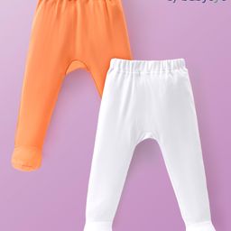 Babyoye Eco Conscious Cotton Bootie Leggings Solid Colour - Orange & White-image-3