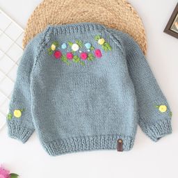 Woonie Hand Knitted Full Sleeves Floral Embroidered Sweater - Grey-picture-37
