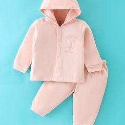 I Bears 100% Cotton Fleece Knit Full Sleeves Hooded Night Suit Moon Embroidery - Peach-image-66