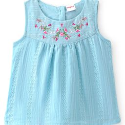 Babyhug Cotton Woven Sleeveless Top with Floral Embroidery - Light Blue-image-58