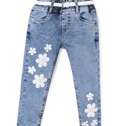 Babyhug  Full Length With Stretch Denim Washed Jeans  with Floral Applique - Blue-image-98