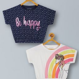 Plum Tree Pack Of 2 Half Sleeves Hearts & Unicorn Printed Cotton Crop  Tops - Blue And Off White-image-99