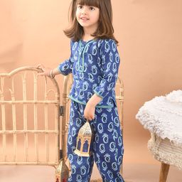 Superminis Cotton Three Fourth Sleeves Ethnic Motif Printed Top And  Pant Set - Blue-image-74