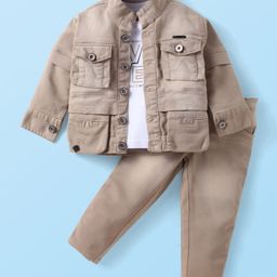 Robo Fry Cotton Woven Text Printed T-Shirt & Trouser Set With Full Sleeves Jacket - Tan-image-64