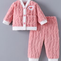 Kookie Kids Full Sleeves Front Open Winter Wear Night Suit With Heart Applique - Pink-image-64