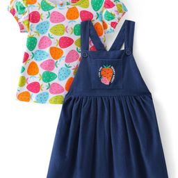 Babyhug Cotton Woven Frock With Half Sleeves Tropical Fruits Printed Inner Tee - White & Navy-image-41